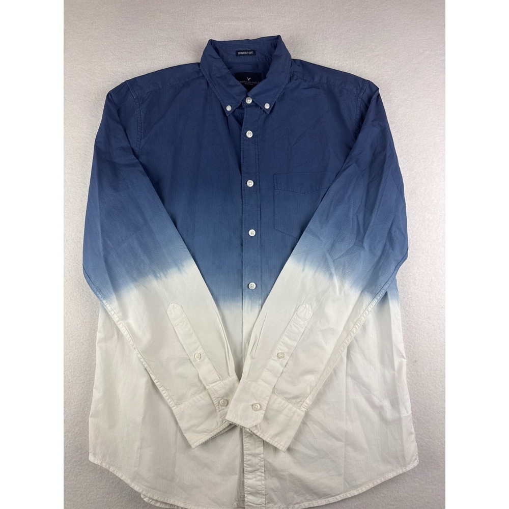 American Eagle Mens Blue White Ombre Dip Dye Corduroy Button Down Shirt Medium